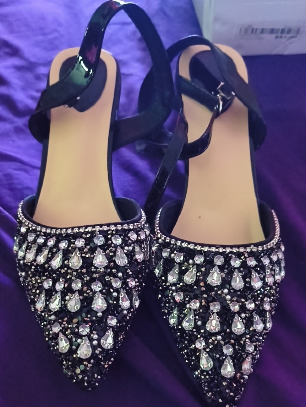 Embellished Black Pointed Slingback Flats - Women